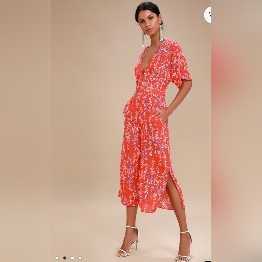 Lulu's Moonriver Fiore Coral Red Floral Print Backless Jumpsuit- XS